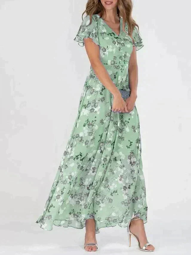 Marit | Elegant Blomster V-Hals Maxi Kjole