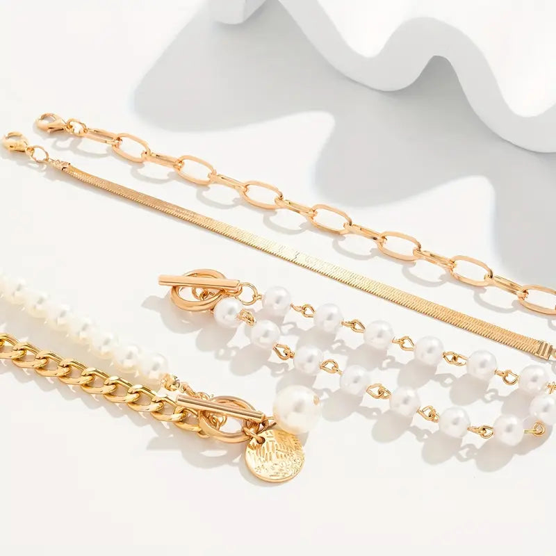 Elegant 4-delt armbåndsæt i guld – Slange, perler & led