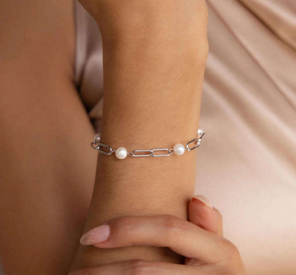 Sølvperle Zirkon Papirklips Armbånd