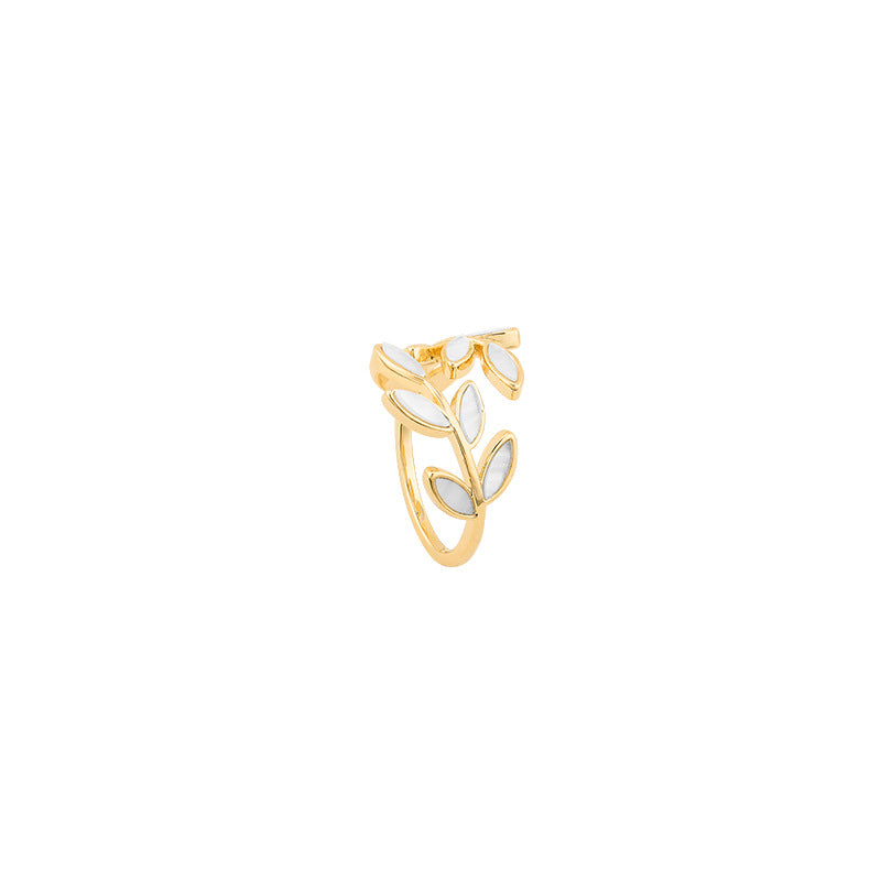 Justerbar Ring i Guld med Blad og Hvid Opal
