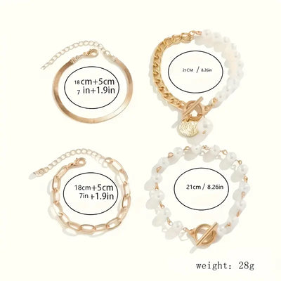Elegant 4-delt armbåndsæt i guld – Slange, perler & led