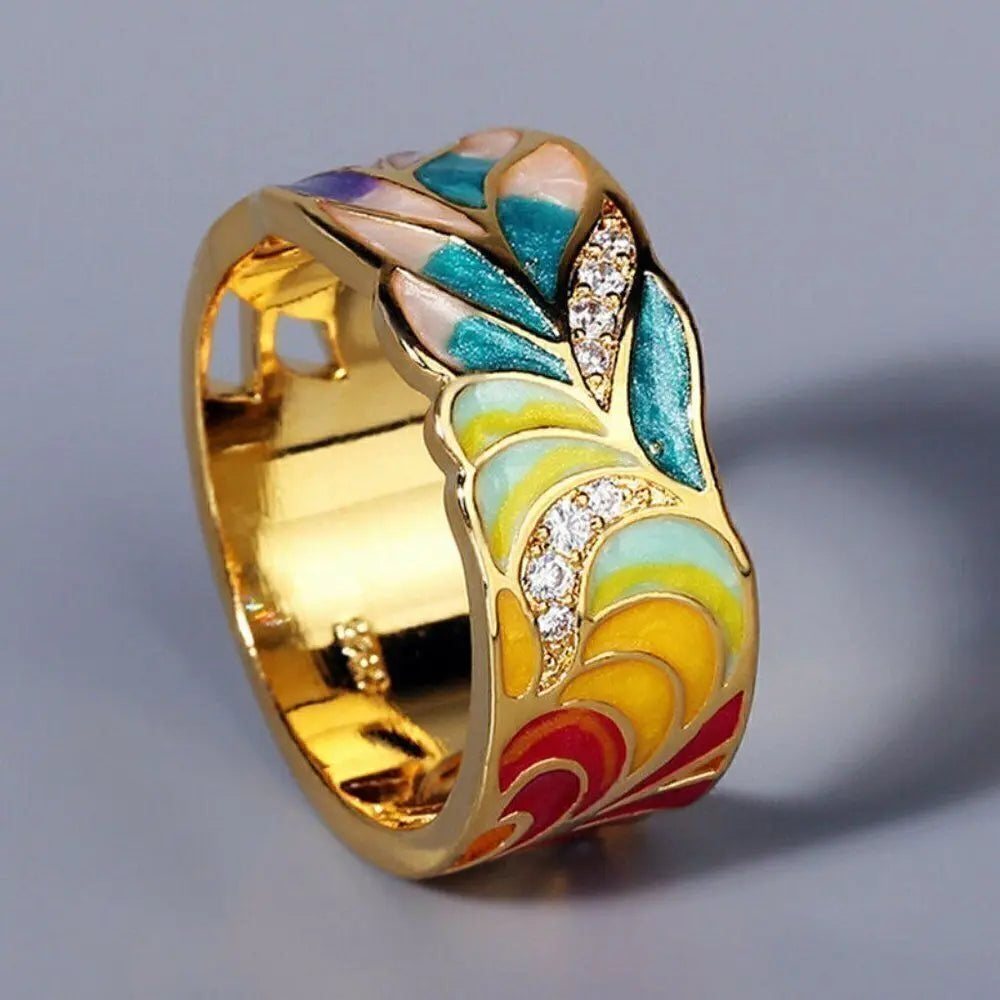 Håndmalet Blomster Ring i Vintage Guld